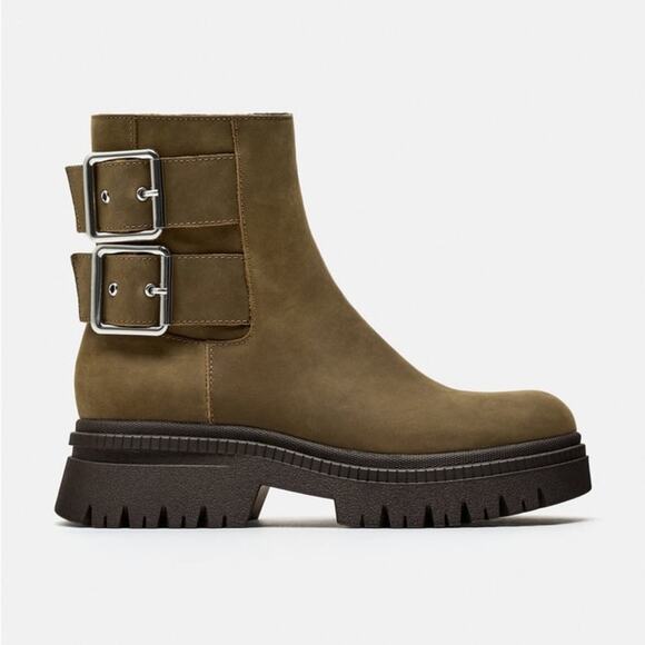 ZARA LOW HEELED LEATHER ANKLE BOOTS WITH BUCKLES - Picture 1 of 8